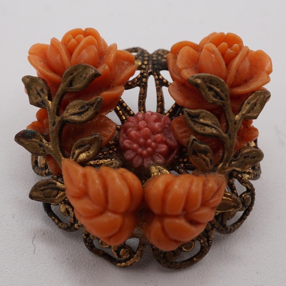 Vintage Faux Coral Carved Floral Brooch Orange Rose Brass Filigree Pin